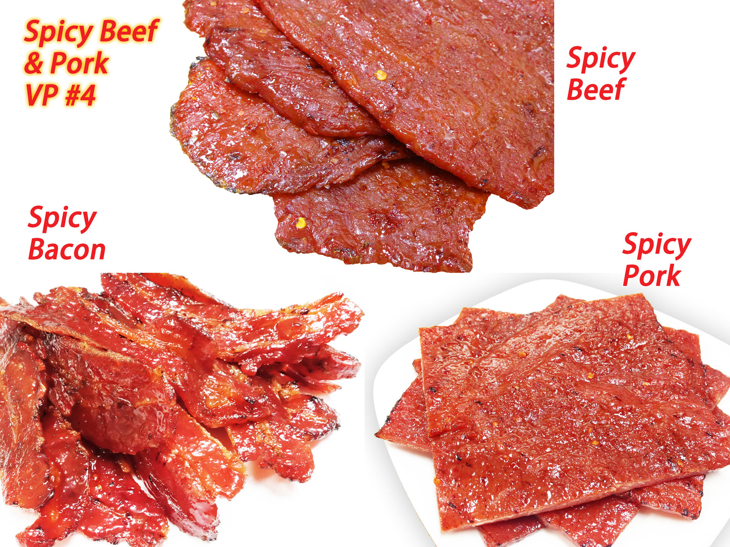 Spicy Beef & Pork Variety Pack (spicy beef 4oz / spicy pork 4oz / spicy bacon 4oz)