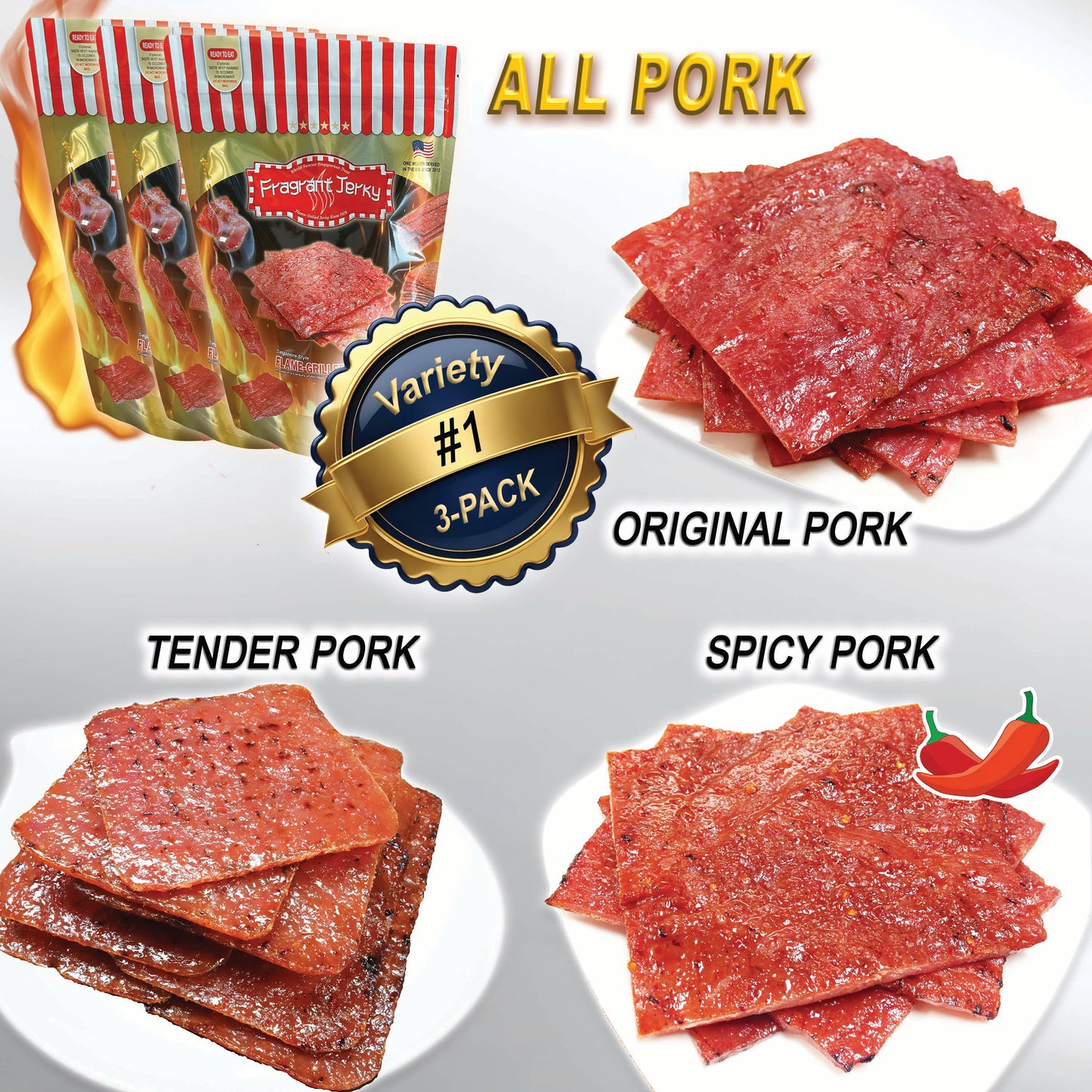 MIXED FLAVORS - ALL PORK (Original Pork+Original Tender Pork+Spicy Pork 4oz Each)
