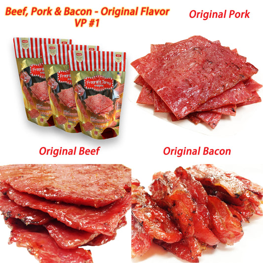BEEF & PORK - ORIGINAL FLAVOR VARIETY PACK (orig. pork 4oz / orig. beef 4oz / orig. bacon 4oz)