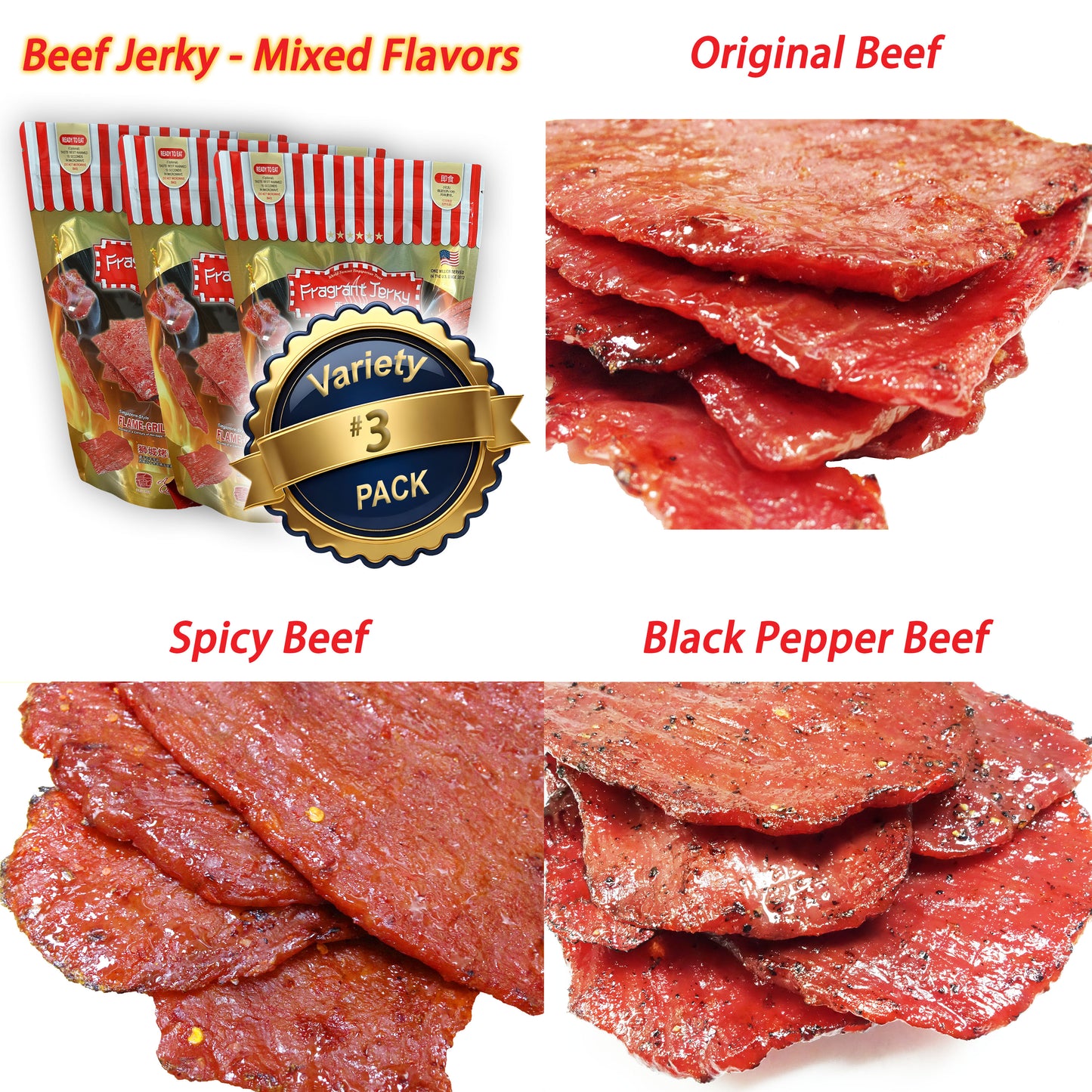 ALL BEEF - MIXED FLAVORS (Original/Spicy/Black Pepper 4oz Each)