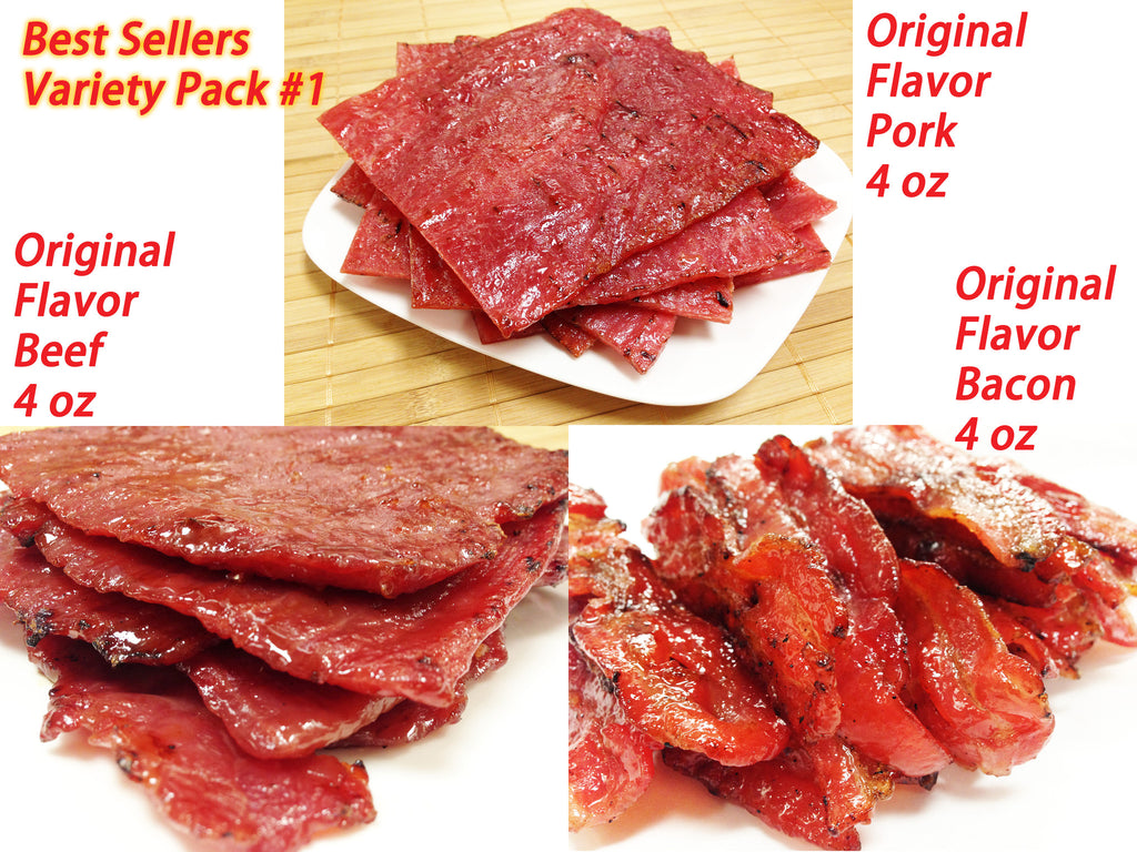 Variety Pack #1 - Best Seller Jerky ***Original Flavor Pork (4 oz), Orig. Beef (4 oz), Orig. Bacon (4 oz)***