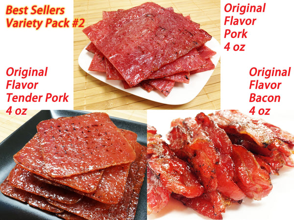 Variety Pack #2 - Pork Jerky ***Original Flavor Pork (4 oz), Tender Pork (4 oz), Original Bacon (4 oz)***