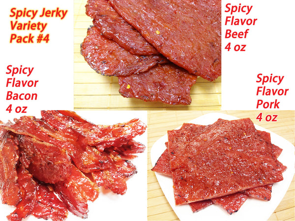Variety Pack #4 - Spicy Jerky ***Spicy Flavor Beef (4 oz), Spicy Pork (4 oz), Spicy Bacon (4 oz)***
